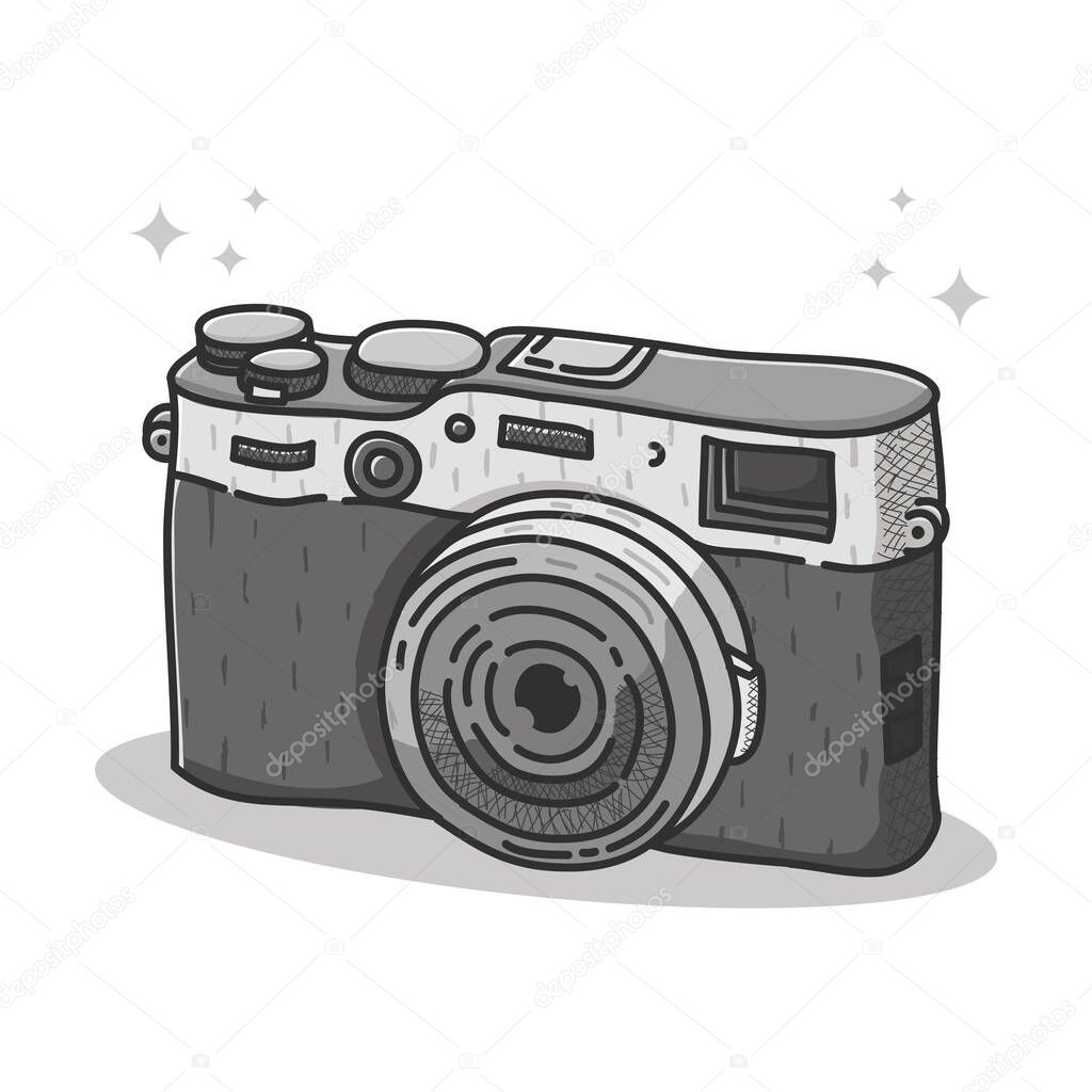 Camera Logo Cartoon Vector Design. Photography Logo Hand Drawn Studio Icon. Photographic Business Mascot 