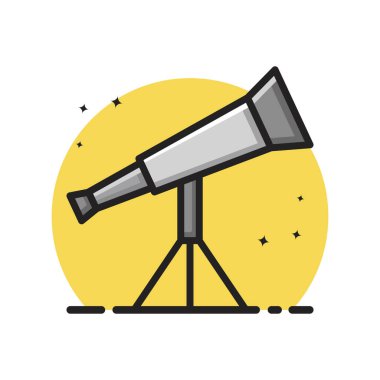 Teleskop Astronomi Simgesi Çizgi Filmi Çizgi Stili. Dürbün Gezegen Astronomisi Logo Vektörü İllüstrasyonu. Astroloji Element Etiketi