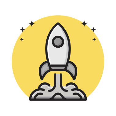 Rocket Space Simge Çizgi Filmi Çizgi Stili. Uzay Roketi Uçak Uçuşu Astronomi Logosu Vektör İllüstrasyonu. Boşluk Simgesi Yapıştırıcısı