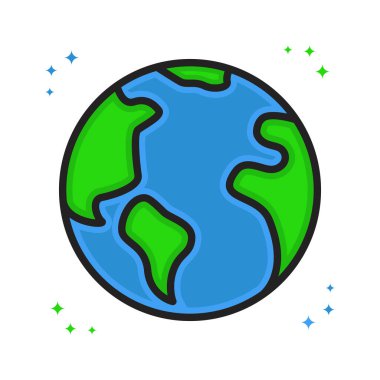 Dünya Simgesi Çizgi Filmi Çizgi Stili. Globe World Logo Vector Illustration. Dünya Coğrafya Etiketi