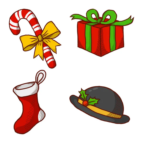 Frohe Weihnachten Ornament Collections Hut Und Geschenk Vector Hand Gezeichnet — Stockvektor