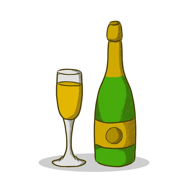 Flaska Och Glas Logotyp Hand Drawn Vector Konceptuell Champagne Dricka — Stock vektor