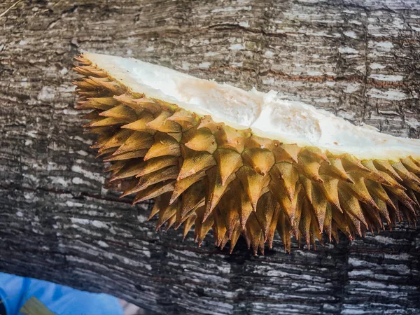 Ahşap Masada Izole Boş Durian Meyve Kabuğu — Stok fotoğraf