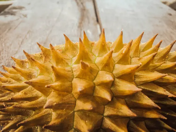 Coque Fruit Durian Vide Isolée Sur Une Table Bois — Photo