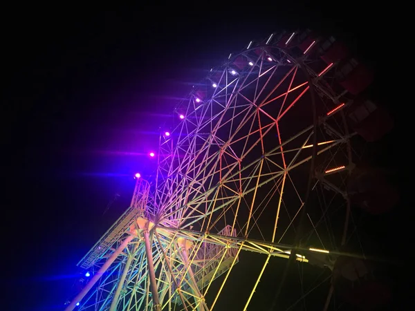 Roata Ferris Timp Noapte Lumină Colorată Neon Jakarta Indonezia Fundal — Fotografie, imagine de stoc