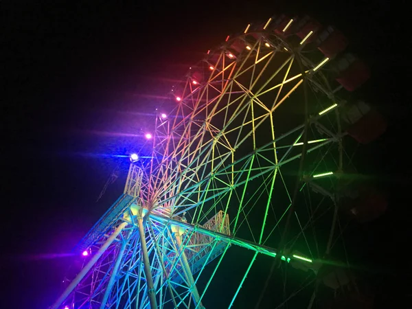 Roata Ferris Timp Noapte Lumină Colorată Neon Jakarta Indonezia Fundal — Fotografie, imagine de stoc