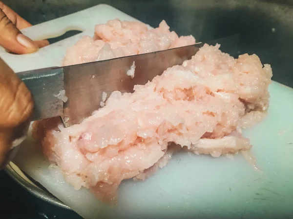 Woman Hand Cutting Raw Chicken Breast Knife Selective Focus — Stock Photo, Image