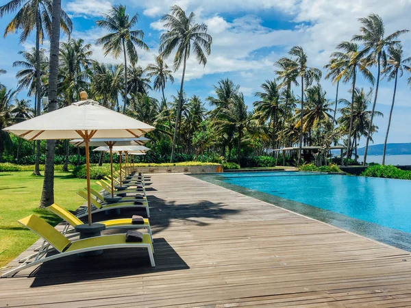 Beautiful tropical swimming pool in hotel or resort with umbrella, coconuts tree sun-loungers, palm trees with infinity pool view, ocean and mountain background