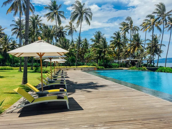 Beautiful tropical swimming pool in hotel or resort with umbrella, coconuts tree sun-loungers, palm trees with infinity pool view, ocean and mountain background