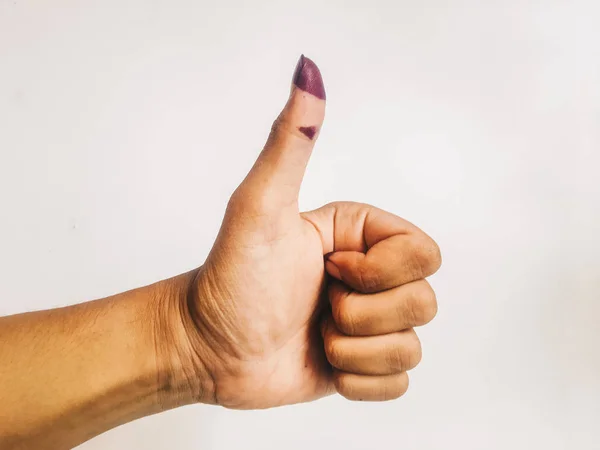 Pulgar Mujer Hacia Arriba Tinta Púrpura Aislado Sobre Fondo Blanco — Foto de Stock