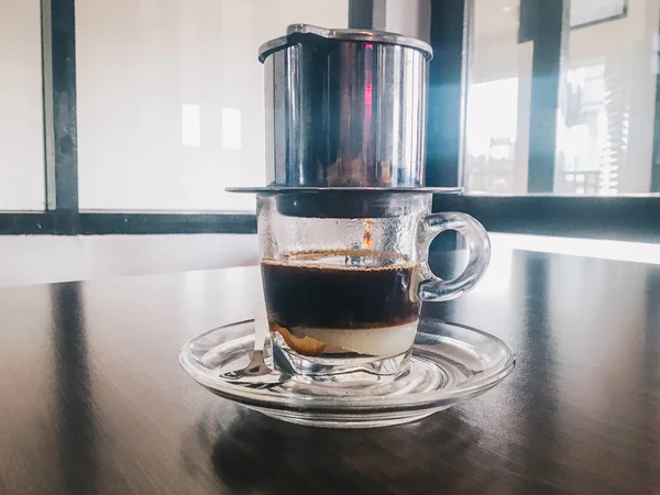 Making Coffee Metal Kettle Glass Table — Stock Photo, Image