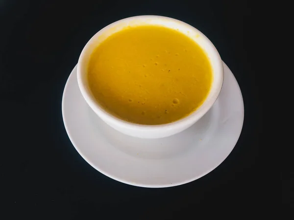 Pure Yellow Creamy Corn Soup White Bowl Isolated Black Background — Stock Photo, Image