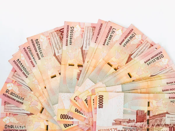 Indonéz Rúpia Valuta Bankjegyek Százezer Címlet Elszigetelt Fehér Háttér — Stock Fotó