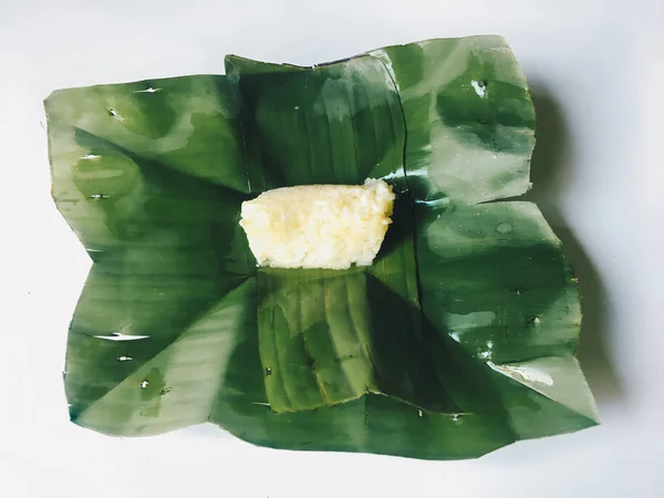 Taśma Ketan Indonezja Tradycyjne Jedzenie Podawane Liści Bananów Jest Gotowy — Zdjęcie stockowe