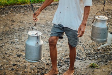 Geleneksel süt işçisi veya Süt adam Boyolali, Endonezya geleneksel çiftlikten Metal Parlak Süt Konteyner veya su ısıtıcısı Geleneksel Can getirmek