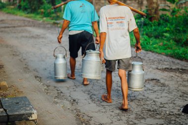 Boyolali Geleneksel süt işçileri veya Süt erkekler, Endonezya geleneksel çiftlikten Metal Parlak Süt Konteyner veya su ısıtıcısı Geleneksel Can getirmek