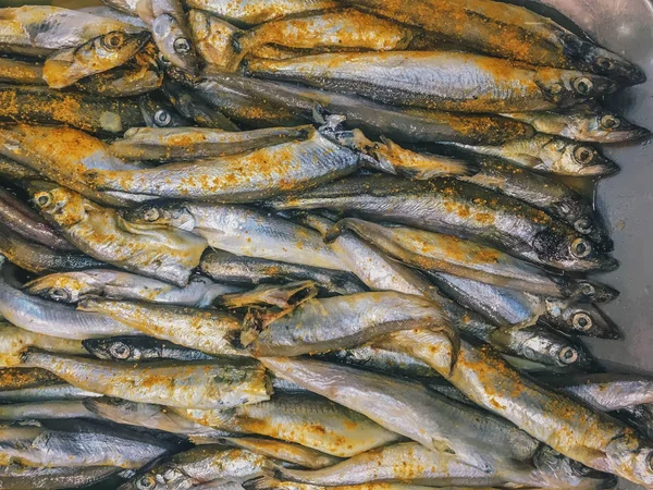 Pescado Fresco Refrigerado Caballa Pequeña Con Algún Ingrediente Amarillo Tradicional — Foto de Stock