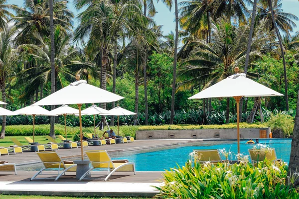 Beautiful tropical swimming pool in hotel or resort with umbrella, coconuts tree sun-loungers, palm trees with infinity pool view, ocean and mountain background