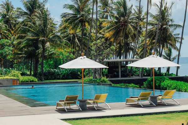 Beautiful tropical swimming pool in hotel or resort with umbrella, coconuts tree sun-loungers, palm trees with infinity pool view, ocean and mountain background