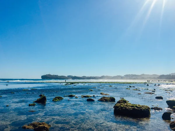 美丽的海滩在古农基杜尔 印度尼西亚白天与人 珊瑚岩石 绿色海藻 和低潮在前景 — 图库照片