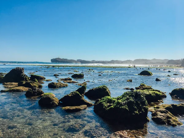 Vacker Strand Gunung Kidul Indonesien Dagsljus Med Människor Korall Rock — Stockfoto