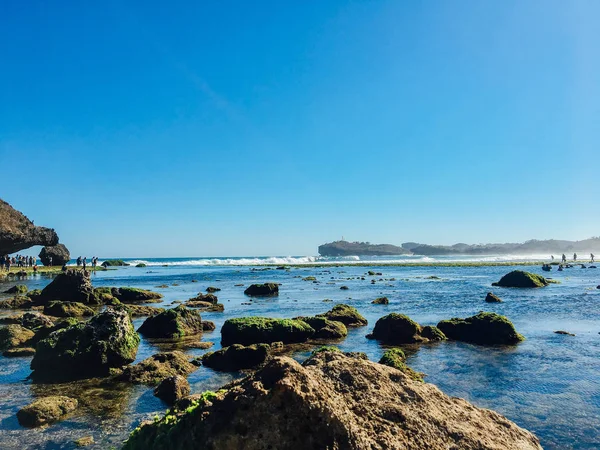 美丽的海滩在古农基杜尔 印度尼西亚白天与人 珊瑚岩石 绿色海藻 和低潮在前景 — 图库照片