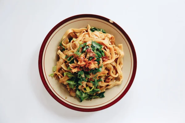 Revuelva Los Fideos Planos Fritos Carne Cerdo Con Salsa Soja — Foto de Stock