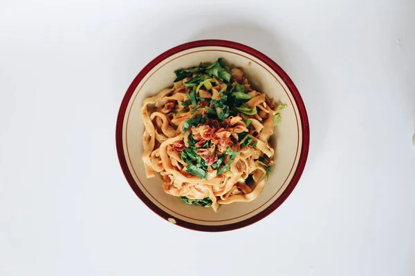 Revuelva Los Fideos Planos Fritos Carne Cerdo Con Salsa Soja — Foto de Stock