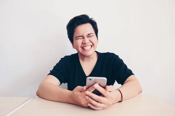Short Hair Asian Woman Holding Smart Phone Hand Screams Joy — Stock Photo, Image