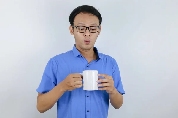Young Asian Man Smile Bring White Mug Coffee Enjoy Morning — Stock Photo, Image