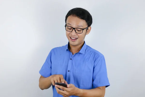 Smile Happy Face Young Asian Man Phone Hand Advertising Model — Stock Photo, Image