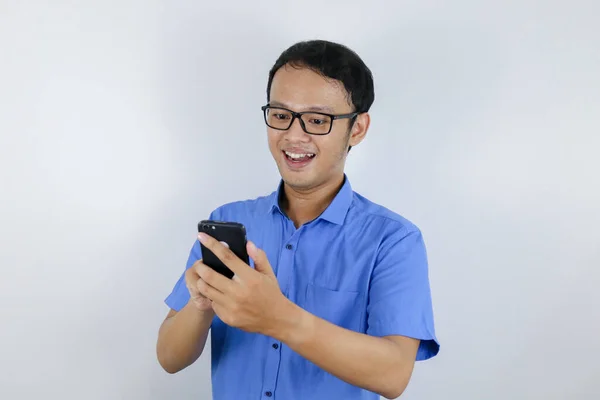 Smile Happy Face Young Asian Man Phone Hand Advertising Model — Stock Photo, Image