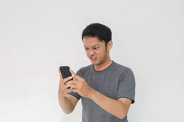 Angry Asian Young Man Get Mad Smartphone Indonesia Man Wear — Stock Photo, Image