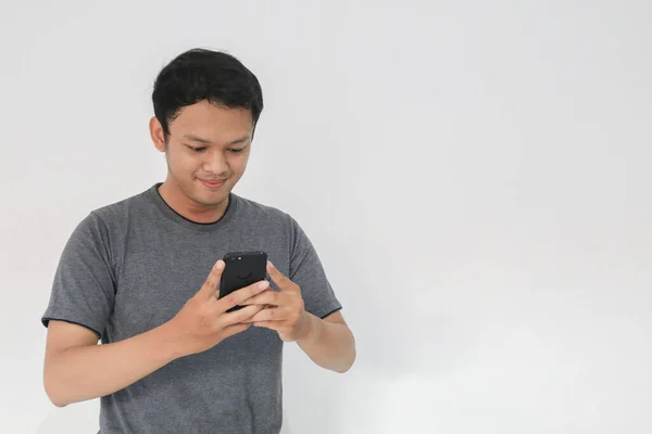 Wow Ansikte Och Känsla Glad För Ung Asiatisk Man Grå — Stockfoto