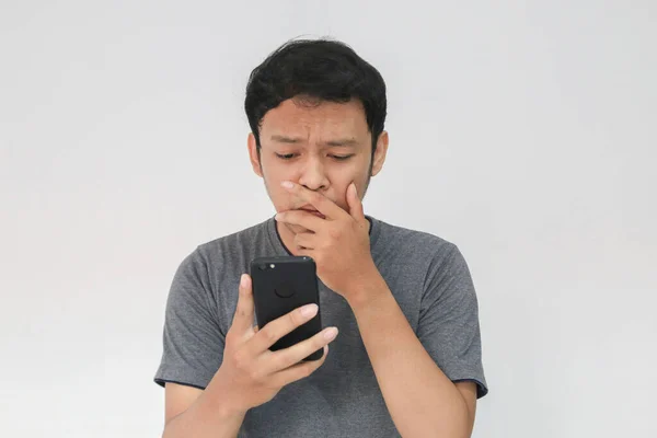 Young Asian Man Cry Sad Looking Smartphone Indonesia Man Wear — Stock Photo, Image