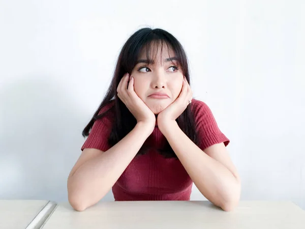 Beautiful Asian Girl Mad Boring Isolated White Background — Stock Photo, Image