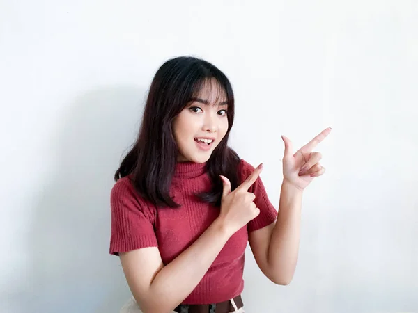 Cara Feliz Sonrisa Con Sonrisa Joven Asiática Camisa Roja Con — Foto de Stock