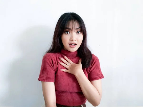 Wow Shocked Face Beautiful Young Asian Girl Hand Touching Chest — Stock Photo, Image