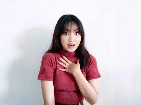 Wow Shocked Face Beautiful Young Asian Girl Hand Touching Chest — Stock Photo, Image