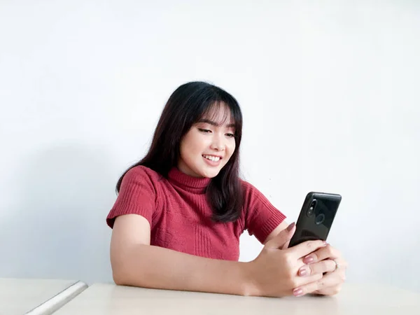 Feeling Happy Smile Face Young Beautiful Asian Woman Looking Smartphone — Stock Photo, Image