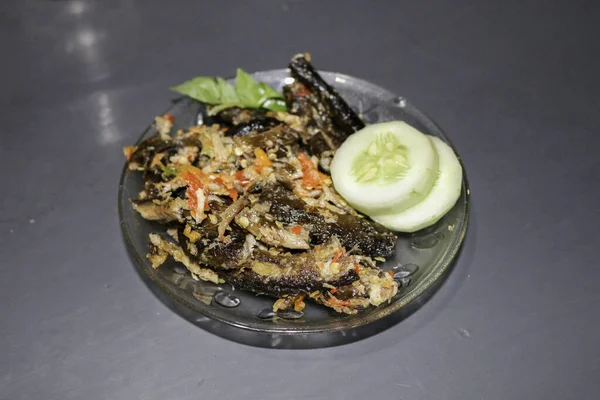 Sambal Belut Пряный Жареный Угорь Вкусные Традиционные Блюда Индонезии Угря — стоковое фото