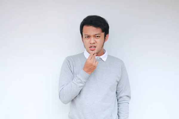 Young Asian Man Wear Grey Shirt Thinking Looking Idea Gesture — Stock Photo, Image