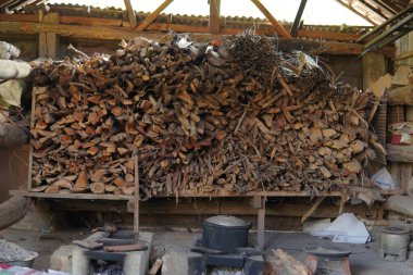Pile of wood is stacked in a shed.