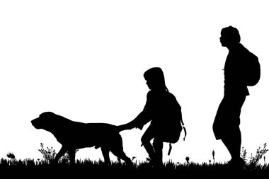 Bir adam, siyah siluetler çocuk ve köpek beyaz arka plan üzerinde izole 