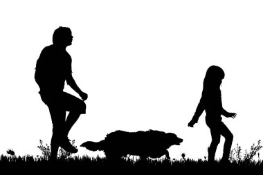 Bir adam, siyah siluetler çocuk ve köpek beyaz arka plan üzerinde izole 
