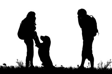 Siyah siluetler adam, kadın ve beyaz arka plan üzerinde izole köpek 