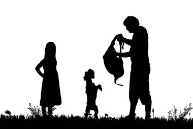 Bir adam, siyah siluetler çocuk ve köpek beyaz arka plan üzerinde izole 