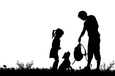 Bir adam, siyah siluetler çocuk ve köpek beyaz arka plan üzerinde izole 