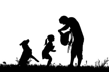Bir adam, siyah siluetler çocuk ve köpek beyaz arka plan üzerinde izole 