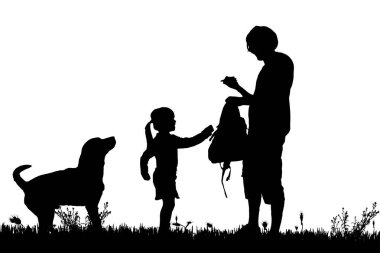 Bir adam, siyah siluetler çocuk ve köpek beyaz arka plan üzerinde izole 